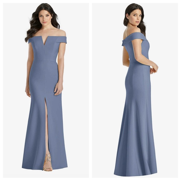 NWT Dessy Collection | Off Shoulder Notch Trumpet Gown w/ Slit Larkspar 8 - Picture 1 of 12